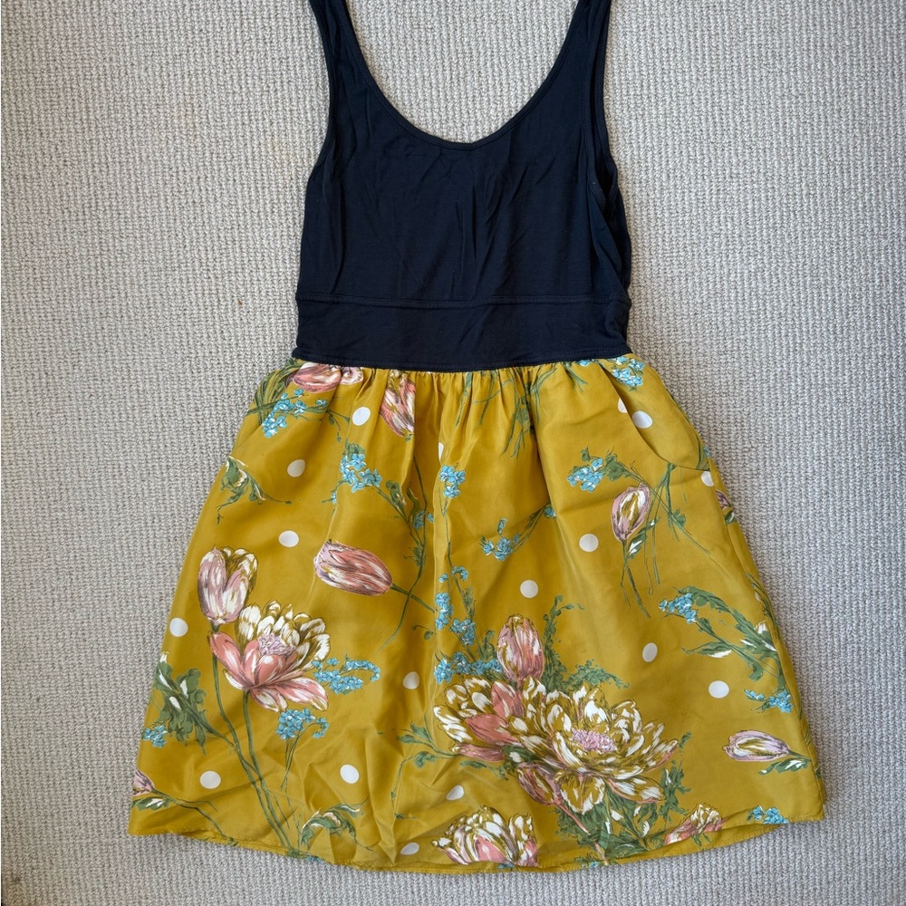 Anthropologie Maeve Floral Polka Dot Dress Pockets Mustard Size 2
